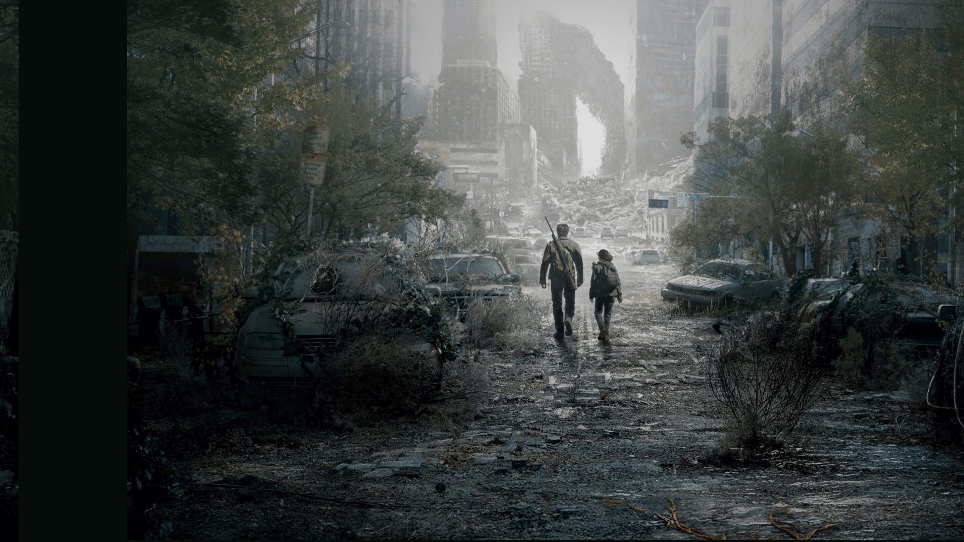 Joel e Ellie caminhando por uma cidade destruída